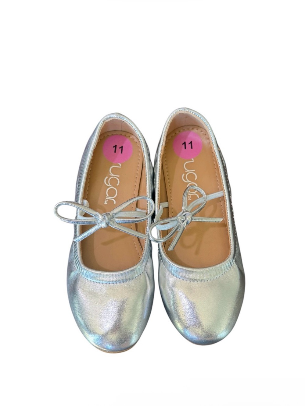 Kids Silver Metallic Bow Ballet Flats - Size 11